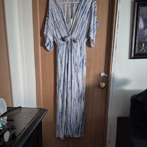 The Room Blue and White Tie Front Maxi Jumpsuit